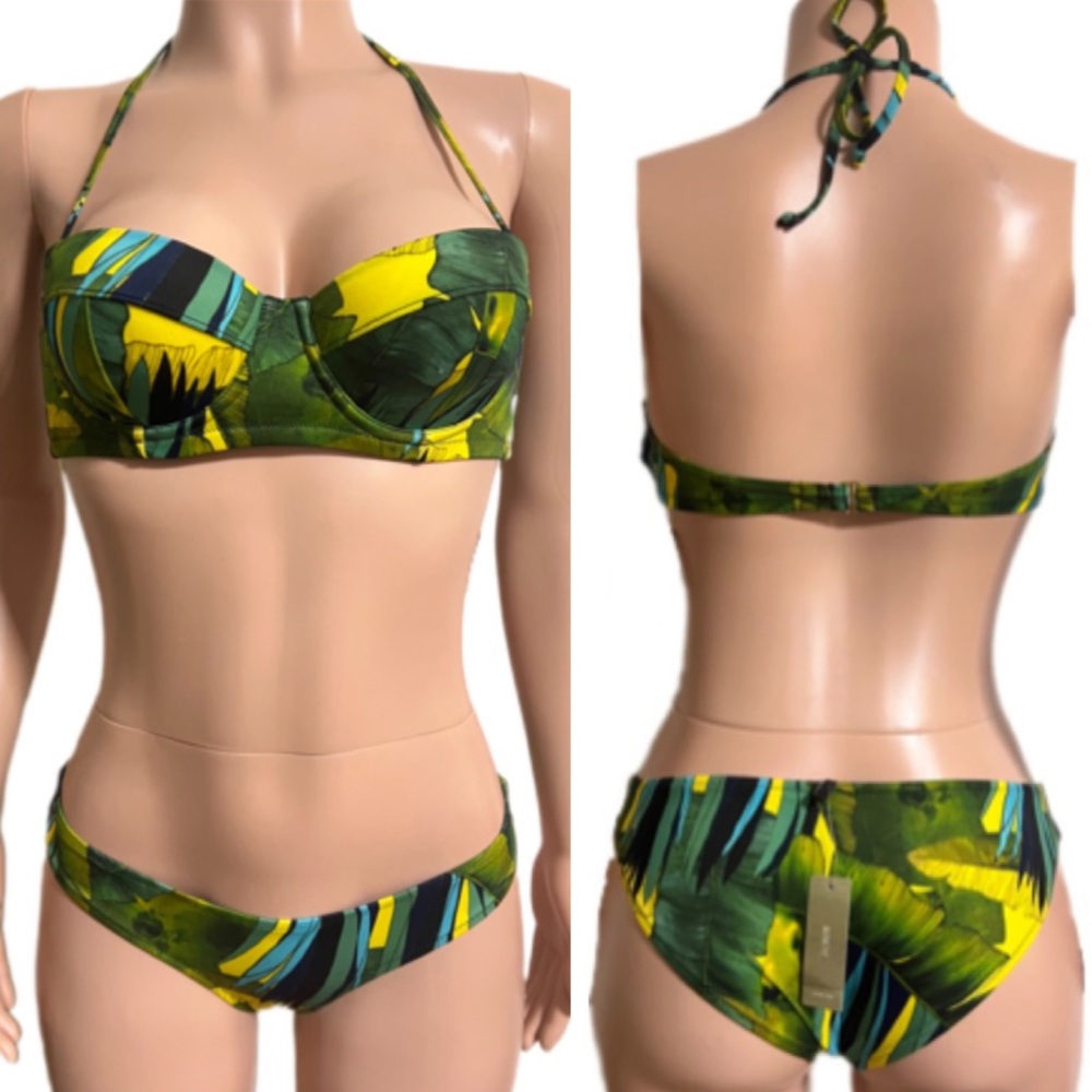 NWT J. CREW Set Jungle Tropical Leaf Green Yellow Mix Bikini 34B XS Set - Picture 2 of 13